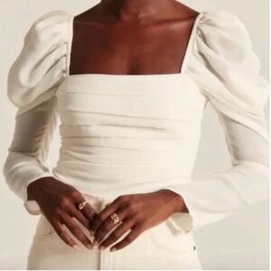 Abercrombie & Fitch White Ruched Long Sleeve Crop Top Square Neck Puff Sleeve S